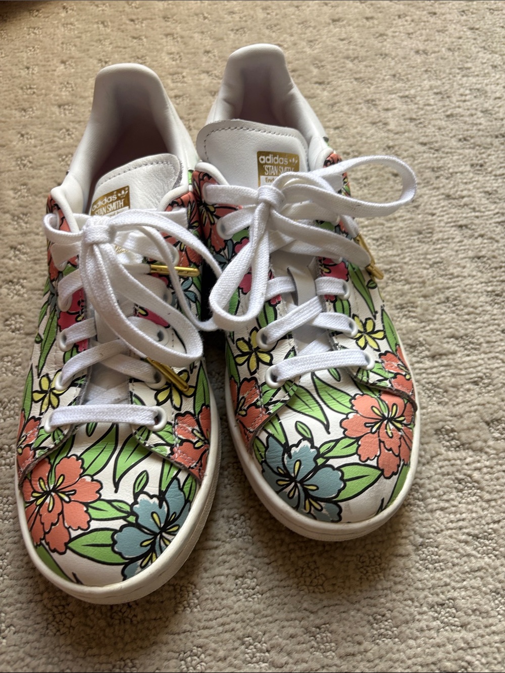 adidas White Floral Print Leather Sneakers with Pastel Accents